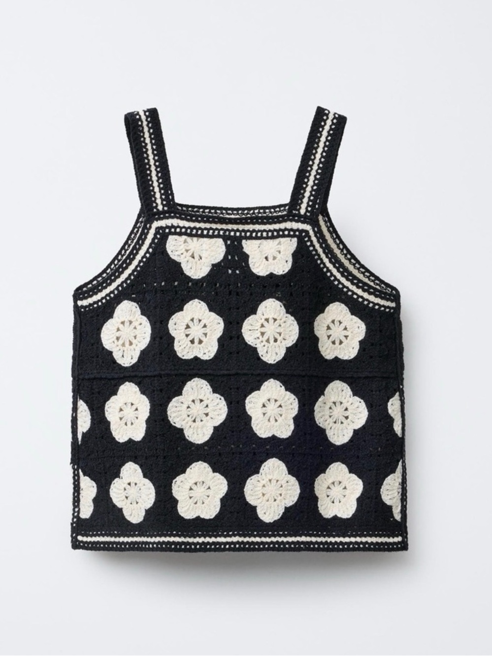 Zara Black Crochet Tank Top with Cream Floral Appliqués